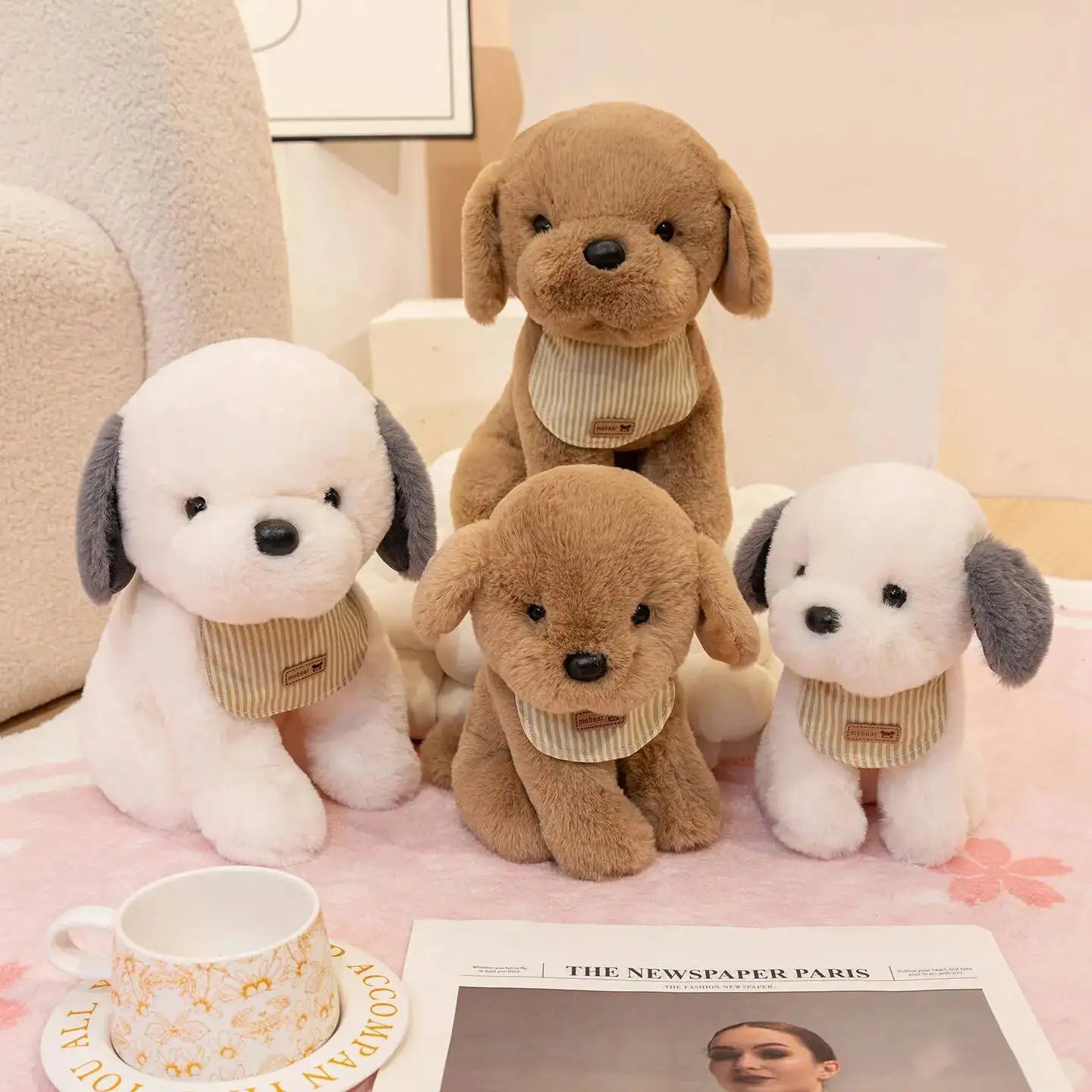 Cuddly Dog Plush Toy Stuffed Cartoon Bib Puppy Soft Pillow Pet Dolls Kids Boys Girls Nice Birthday Gift Kawaii Room Decoration